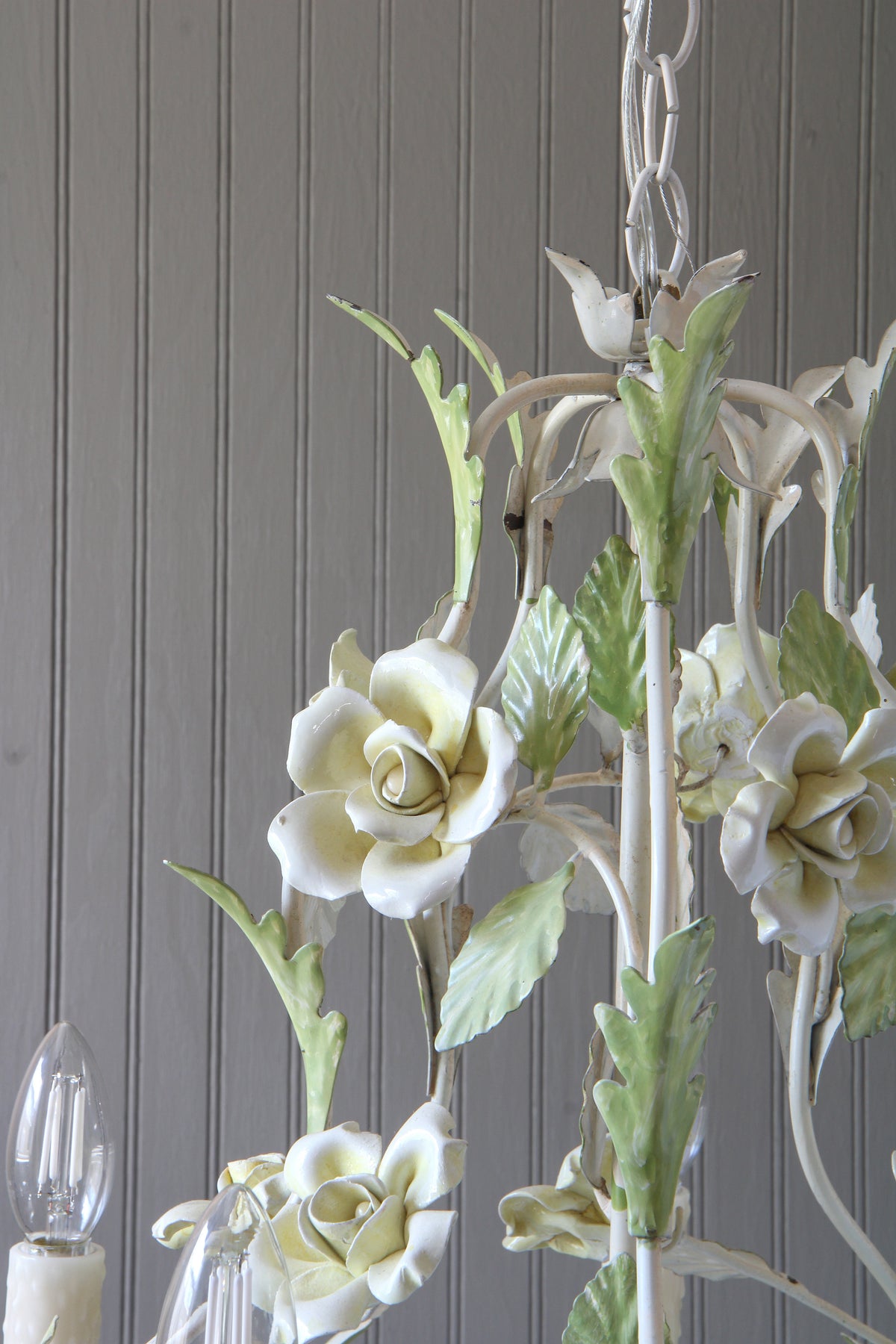 Vintage Italian Tole Chandelier with Porcelain Flowers